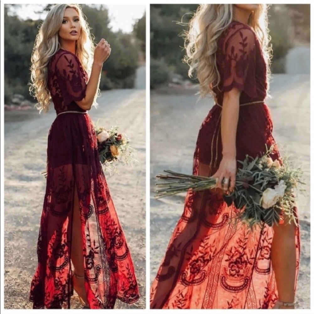 Boho bohemian burgundy wine lace maxi dress sheer